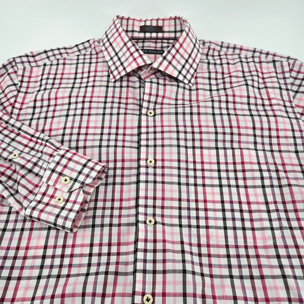 Peter Millar Mens Large Pink Navy Plaid Long Sleeve Cotton Button Down Shirt